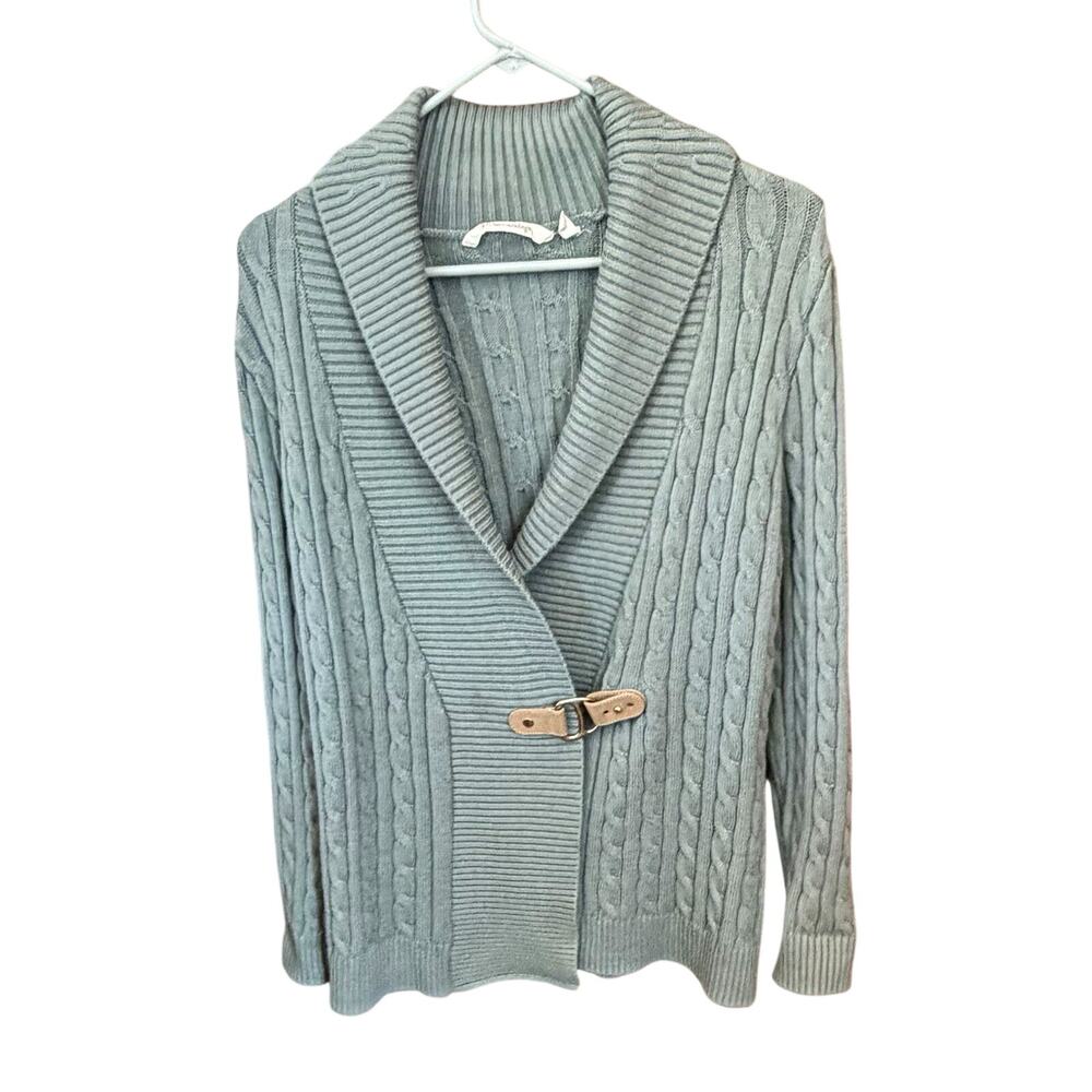 Soft Surroundings Cardigan M Green Cable Shawl Collar Buckle Preppy Academia